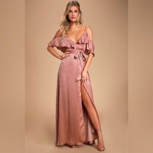 Lulus Satin Rose Wrap Maxi Dress Open Cold-Shoulder - Moriah - Size Extra Large